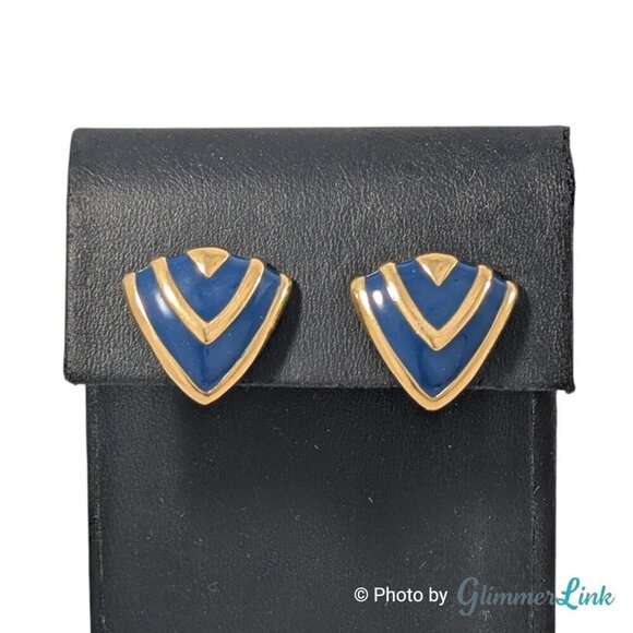 VTG 80s Avon Abstract Style Dark Blue Chevron Enamel Gold Tone Clip On Earrings - Picture 3 of 10